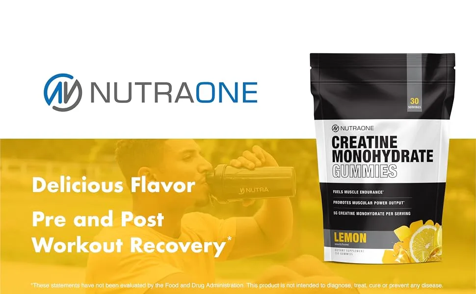 Creatine Monohydrate Gummies by NutraOne Pre- and Post Workout Recovery Fuel Muscular Performance Increase Endurance Support Muscle Recovery (Lemon - 30 Servings) - delicious flavor, pre and post workout recovery