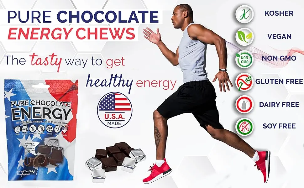 Pure Chocolate Energy Chews - with Caffeine - Dark Chocolate (30 Count) - Chocolate Energy Chews
