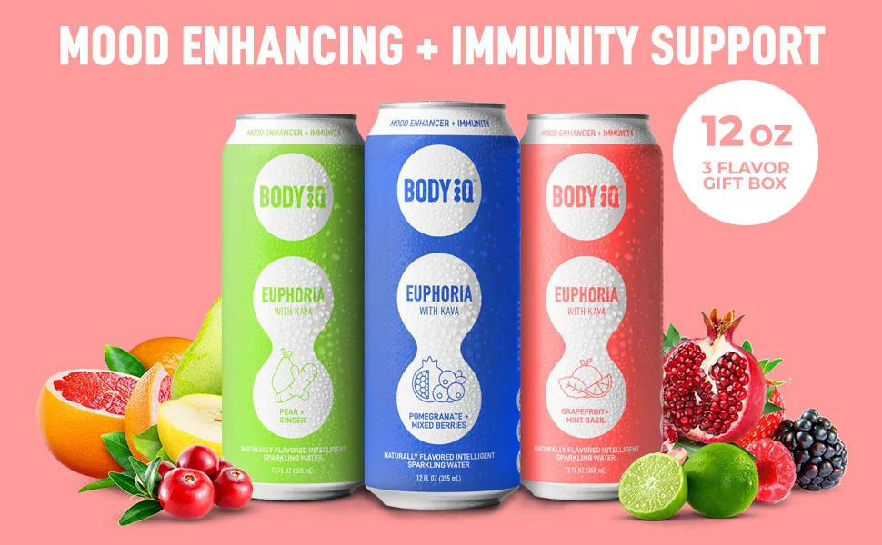 Body iQ Euphoria Intelligent Sparkling Water Mood Support with antioxidants adaptogens Great Tasting lightly sweetned Flavored Water Pear Ginger 12-Pack - functional sparkling water energy drink bottled alkaline pineapple juice basil fresh drinks vitamin