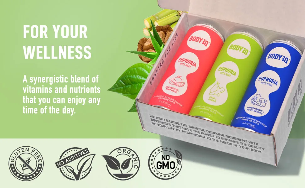 Body iQ Euphoria Intelligent Sparkling Water Mood Support with antioxidants adaptogens Great Tasting lightly sweetned Flavored Water Pear Ginger 12-Pack - functional sparkling water energy drink bottled alkaline pineapple juice basil fresh drinks vitamin