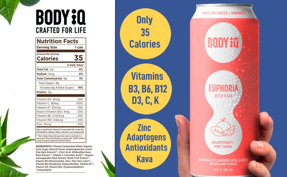 Body iQ Euphoria Intelligent Sparkling Water Mood Support with antioxidants adaptogens Great Tasting lightly sweetned Flavored Water Pear Ginger 12-Pack - functional sparkling water energy drink bottled alkaline pineapple juice basil fresh drinks vitamin