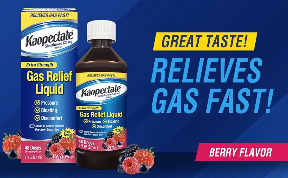 Kaopectate Extra Strength Gas Relief Liquid Mixed Berry Flavor Relieves Gas Bloating and Pressure Simethicone 125 mg 8 oz (Pack of 2) - Kaopectate, bloating, stomach discomfort, gas relief, dye-free, extra strength, fast, simethicone