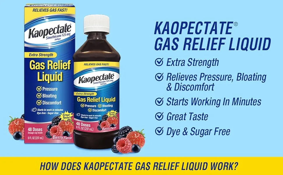 Kaopectate Extra Strength Gas Relief Liquid Mixed Berry Flavor Relieves Gas Bloating and Pressure Simethicone 125 mg 8 oz (Pack of 2) - Kaopectate, bloating, stomach discomfort, gas relief, dye-free, extra strength, fast, simethicone