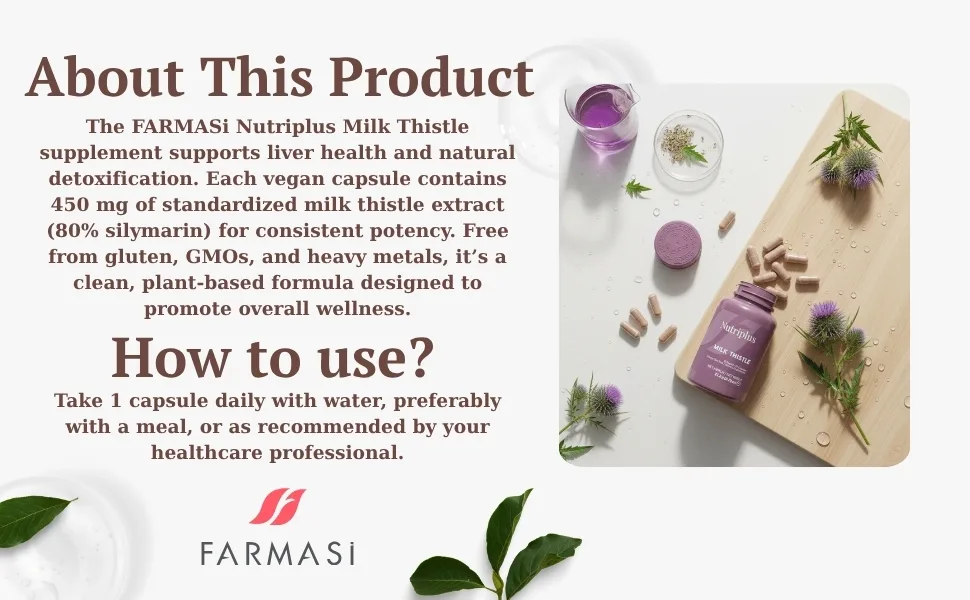 FARMASi Nutriplus Milk Thistle - Silymarin Extract Vegan Herbal Supplement 30 Capsules - concentration reliable dose non gmo gluten free vegan friendly heavy metal free clean formulation