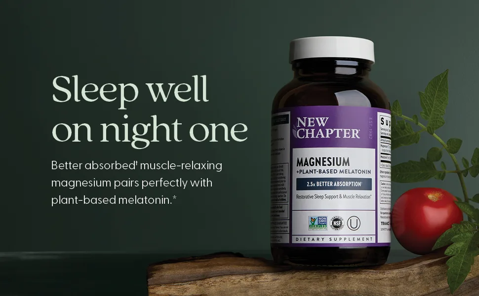 New Chapter Magnesium + Plant-Based Melatonin Supplement with 2.5X Better Absorption Magnesium Glycinate & Non-GMO Melatonin 1 mg from Tomato Sleep Aid & Muscle Relaxation* - 60 Tablets - Sleep well on night one