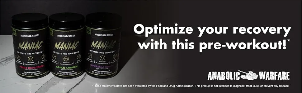 Anabolic Warfare Black Series Maniac Pre-Workout Powder Supports Nitric Oxide Muscle Pumps and Protein Synthesis* Fruit Explosion - Maximize your workout performance from the start with maniac pre-workout anabolic warfare