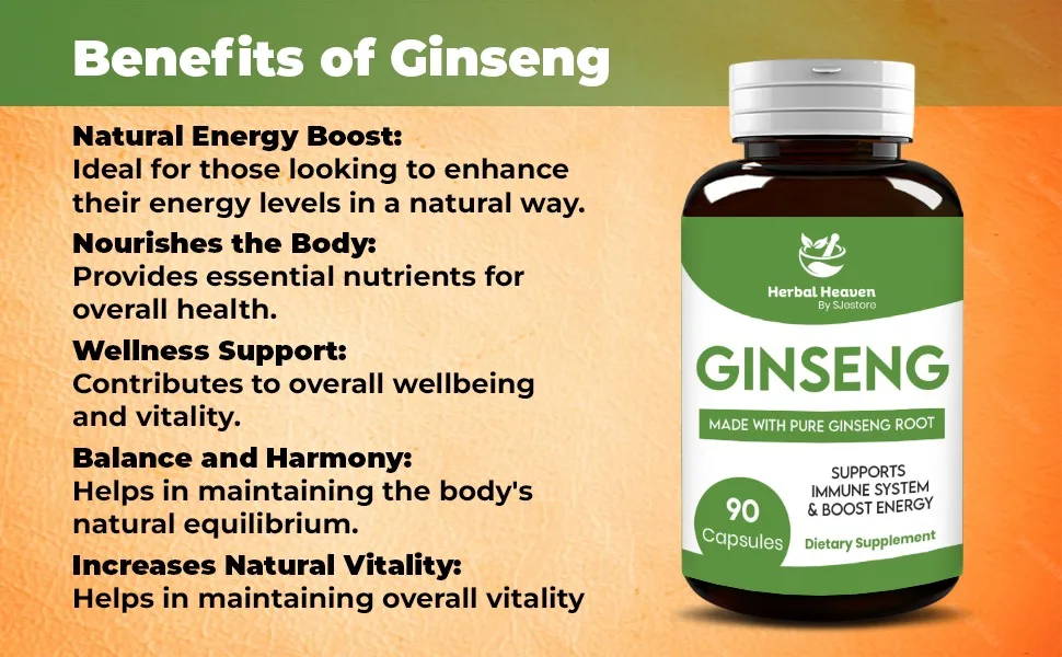 Herbal Heaven Natural Energy and Focus Ginseng Capsules 90 Count for Vitality and Wellness - 100% Herbal Formula - ginseng capsules
