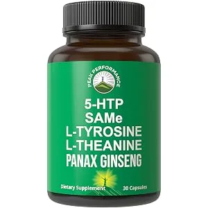 Peak Performance Mood Support Supplement with 5 Top Ingredients: 5HTP SAM e L Tyrosine L Theanine and Panax Ginseng. Calm Focus Relaxation Supplements. Vegan - 5HTP, SAM e, L Tyrosine, L Theanine, and Panax Ginseng Capsules
