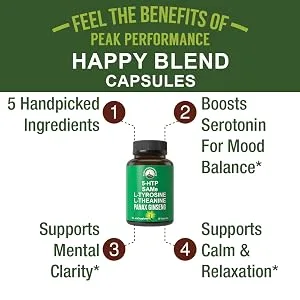 Peak Performance Mood Support Supplement with 5 Top Ingredients: 5HTP SAM e L Tyrosine L Theanine and Panax Ginseng. Calm Focus Relaxation Supplements. Vegan - 5HTP, SAM e, L Tyrosine, L Theanine, and Panax Ginseng Capsules