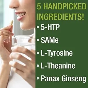 Peak Performance Mood Support Supplement with 5 Top Ingredients: 5HTP SAM e L Tyrosine L Theanine and Panax Ginseng. Calm Focus Relaxation Supplements. Vegan - Mood Support Capsules