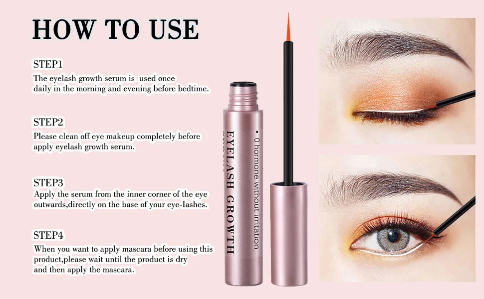 Eyelash Growth Serum Eyelash Serum for Growth and Thickness Eye Lash serum Growth for Long Thickening Eyelashes - Eyelash growth serum with applicator brush, instructions for use, and before/after eye makeup images showing enhanced lashes. Product in metallic tube with pink label.