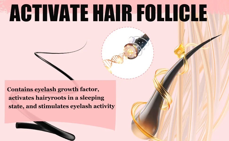 Eyelash Growth Serum Eyelash Serum for Growth and Thickness Eye Lash serum Growth for Long Thickening Eyelashes - Eyelash growth serum with dropper applicator. Product claims to activate hair follicles, contains growth factor, and stimulates eyelash activity. Stylized DNA helix illustration included.