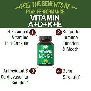 Peak Performance Vitamins D 5 000 iu + A + K + E All in 1 Easy to Swallow Vegan Capsule. ADK Vitamin Supplement with E D3 K2. Essential Vitamins for Mood Immune Bone Vision Heart - vitamin a + vitamin d 5000 + vitamin k + vitamin e capsules