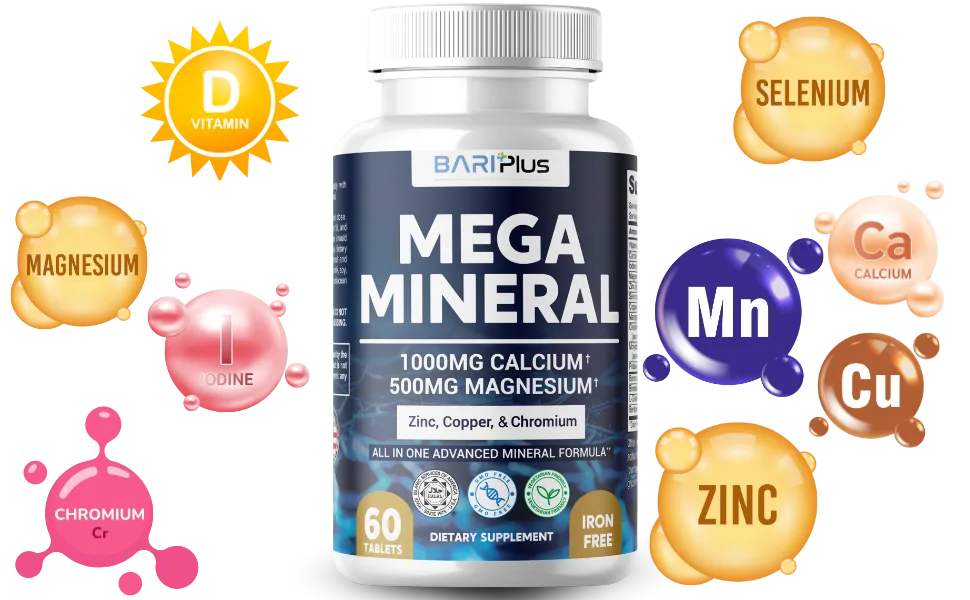 Mega Mineral Complete Complex with Vitamin D Calcium Magnesium Zinc Potassium Boron Selenium Chromium & 72 Trace Minerals Iron-Free USA Made 60 Tablets 60 Count (Pack of 1) - Mineral