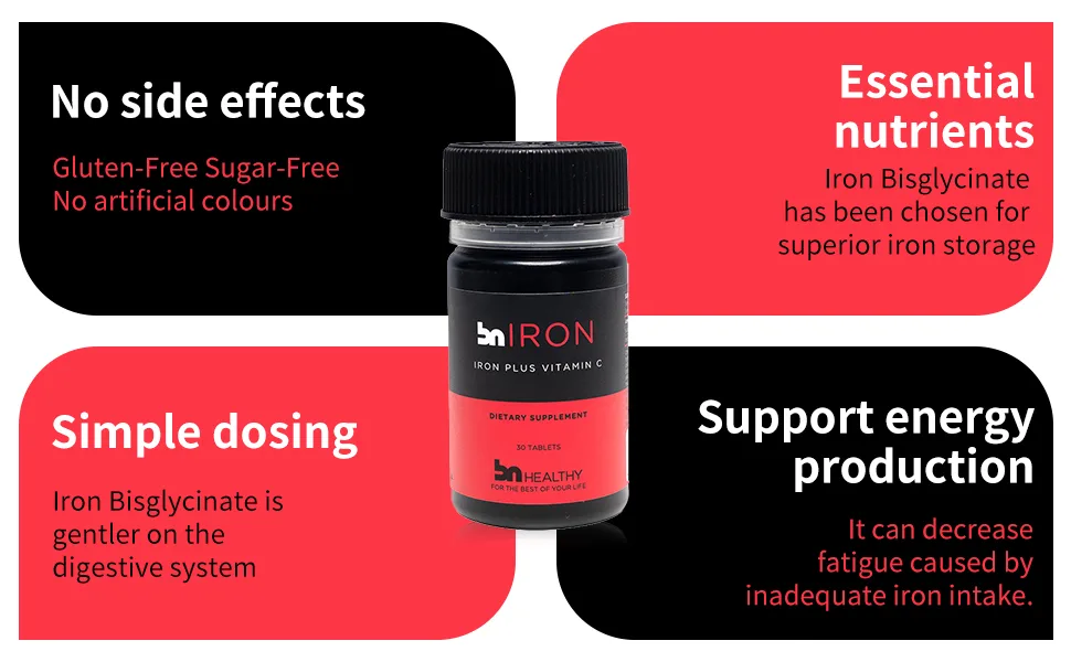 BN Healthy Iron & Vitamin C Tablet - Premium Iron Bisglycinate Supplement with Vitamin C - 60 Tablets for Enhanced Energy and Iron Absorption - product information 3