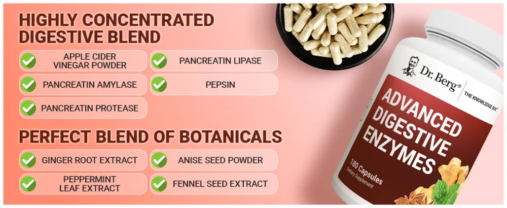 Dr. Berg Advanced Digestive Enzymes with Apple Cider Vinegar - Includes Digestive Health Ingredients Like Betaine Hydrochloride (HCI) Ginger Root & Peppermint Leaf - 180 Capsules - Dr. Berg Advanced Digestive Enzymes Premium A+ Content High Quality Ingredients
