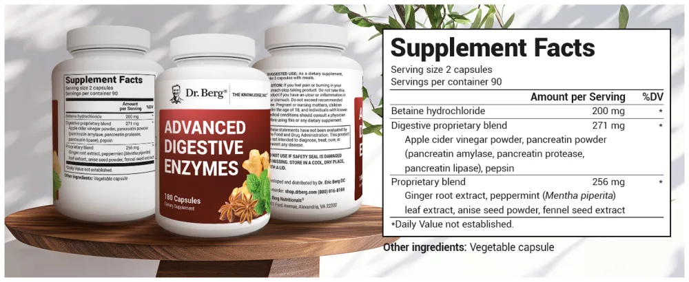 Dr. Berg Advanced Digestive Enzymes with Apple Cider Vinegar - Includes Digestive Health Ingredients Like Betaine Hydrochloride (HCI) Ginger Root & Peppermint Leaf - 180 Capsules - Dr. Berg Advanced Digestive Enzymes Premium A+ Content Supplement Facts