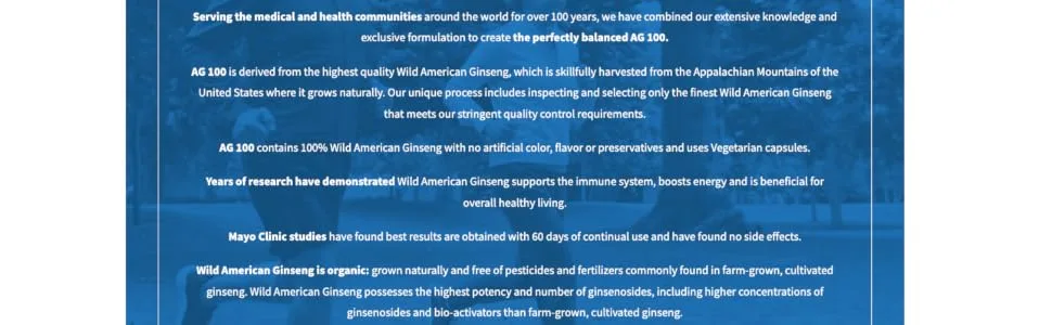 AG 100-100% Pure Wild American Ginseng Capsules - Fuel for Life