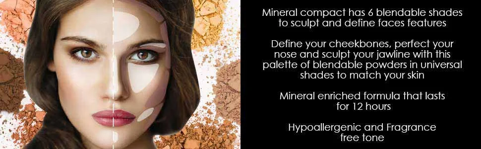 Magic Minerals Contour Palette by Jerome Alexander - Complete Contour Makeup Kit with Concealer  Foundation & Highlighter Plus Double Ended Brush & Blending Sponge - Mineral powder compact with 6 blendable shades to sculpt and define faces features