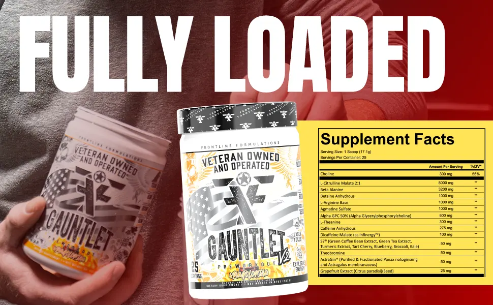 FRONTLINE FORMULATIONS Gauntlet Pre-Workout Powder Explosive Workouts Laser Focus Mid Stim Amazing Flavor Veteran Owned and Operated (25 Servings Mangolorian) - gauntlet pre workout frontline formulations