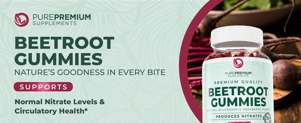 PurePremium Beet Root Gummies 50:1 Extract - 60 Sugar Free Chews - Super Nitric Oxide Beetroot Gummies | Natural Blueberry Flavor - Supplements for Normal Blood Pressure - beet root gummies beet gummies for high blood pressure for men sugar free woman beetroot powder