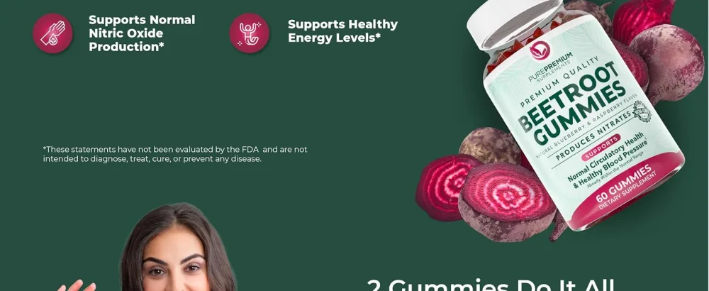 PurePremium Beet Root Gummies 50:1 Extract - 60 Sugar Free Chews - Super Nitric Oxide Beetroot Gummies | Natural Blueberry Flavor - Supplements for Normal Blood Pressure - beet root gummies beet gummies for high blood pressure for men sugar free woman beetroot powder