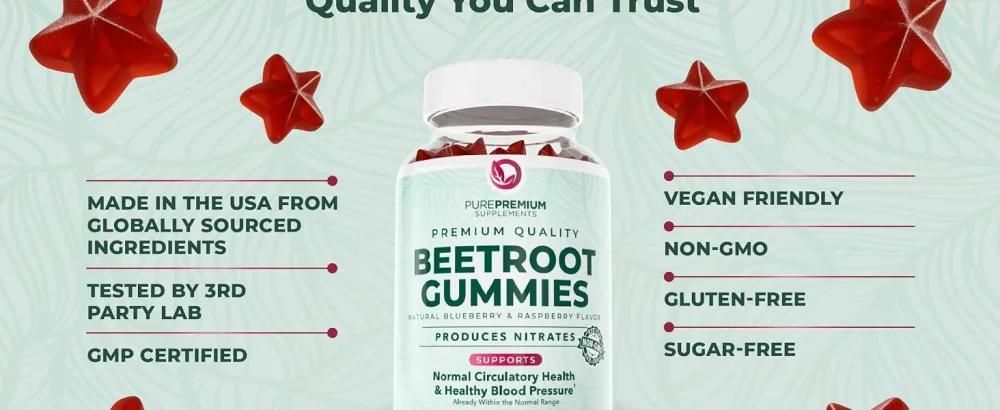 PurePremium Beet Root Gummies 50:1 Extract - 60 Sugar Free Chews - Super Nitric Oxide Beetroot Gummies | Natural Blueberry Flavor - Supplements for Normal Blood Pressure - beet root gummies beet gummies for high blood pressure for men sugar free woman beetroot powder