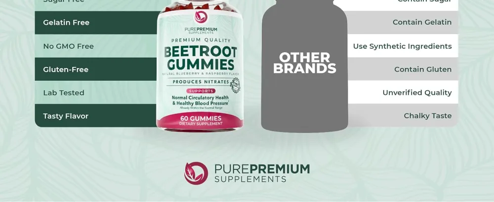 PurePremium Beet Root Gummies 50:1 Extract - 60 Sugar Free Chews - Super Nitric Oxide Beetroot Gummies | Natural Blueberry Flavor - Supplements for Normal Blood Pressure - beet root gummies beet gummies for high blood pressure for men sugar free woman beetroot powder