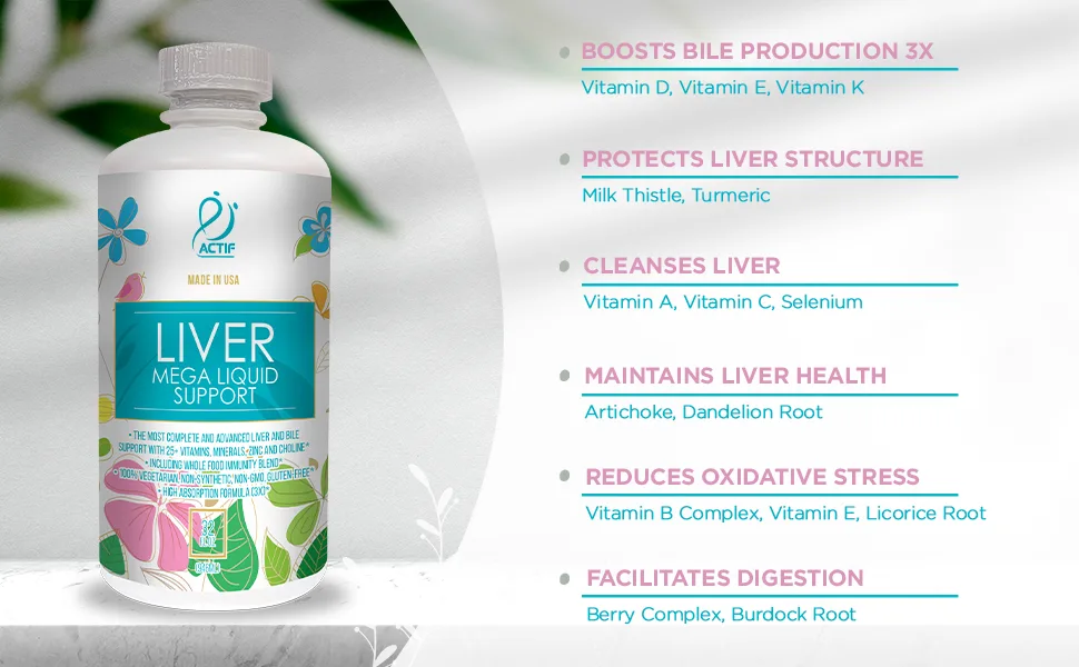 Actif Liver Mega Liquid Support - Complete Liver and Bile Maximum Strength Supplement Non-GMO Made in USA 32oz - liver