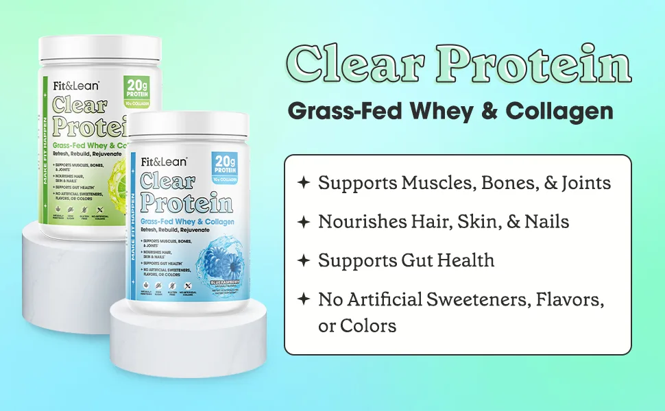 Fit & Lean Clear Protein Powder with Whey Isolate Protein and Collagen Grass Fed Muscle Recovery Skin Joints GLP-1 Support 0g Sugar Blue Raspberry 20 Servings Blue Raspberry 1.04 Pound (Pack of 1) - Fit &amp;amp; Lean Clear Whey Protein 20 grams protein 10 grams collagen grass-fed whey and collagen