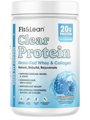 Fit & Lean Clear Protein Powder with Whey Isolate Protein and Collagen Grass Fed Muscle Recovery Skin Joints GLP-1 Support 0g Sugar Blue Raspberry 20 Servings Blue Raspberry 1.04 Pound (Pack of 1) - fit &amp; lean clear whey blue raspberry