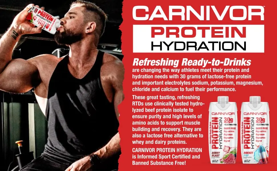 MuscleMeds Carnivor Protein Hydration RTD Ready to Drink Lactose Free Sugar Free 30g Isolate Protein Halal Certified Rocket Pop 16.9 Fl Oz (Pack of 12) - carnivor hydration rtd beef protein isolate ready to drink