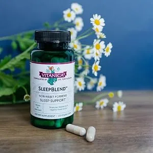 Vitanica Sleepblend Non Habit Forming Sleep Support Supplement with Melatonin Valerian Root Passionflower and Hops Vegan 60 Capsules - sleepblend