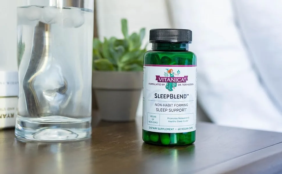 Vitanica Sleepblend Non Habit Forming Sleep Support Supplement with Melatonin Valerian Root Passionflower and Hops Vegan 60 Capsules - Sleepblend by bedside