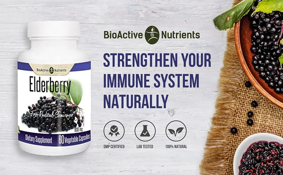 BIOACTIVE NUTRIENTS - Elderberry Capsules -600mg - Antioxidant Support Flavonols & Anthocyanins 2 Month Supply 60 Capsules - Elderberry Health Supplement