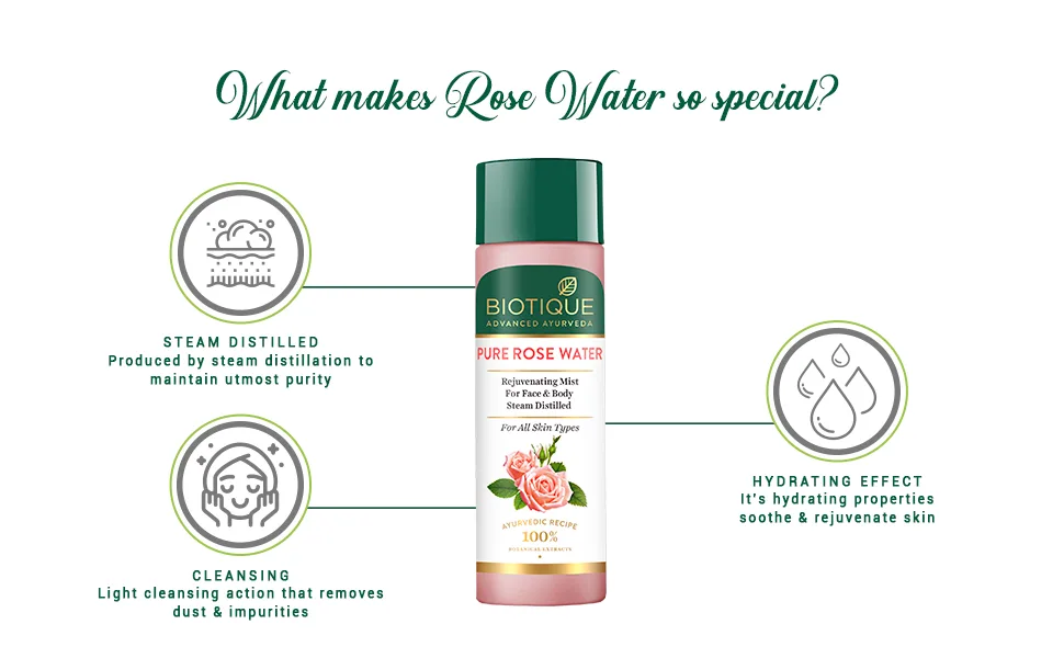 Biotique Pure Rose Water Rejuvenating Mist For Face and Body Steam Distilled for all Skin Types Rose Toner 120ml - product information 3