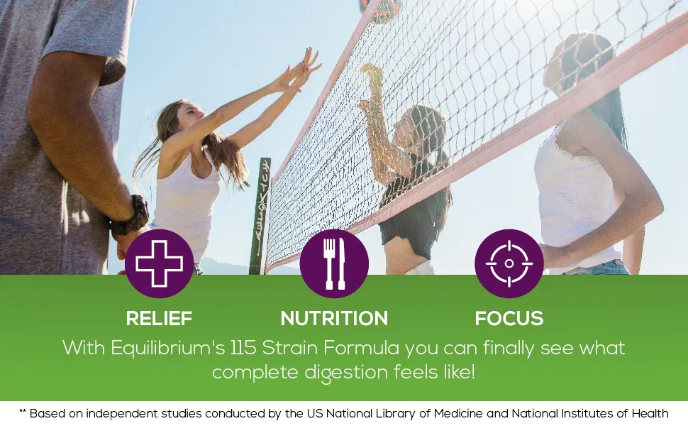 Equilibrium Probiotic Supplement with Prebiotic Daily Time Release 30 Easy to Swallow Capsules Highest Strain Count in The World 115-Strains - Equilibrium provides relief, nurtures proper nutrition, and helps you focus through our formula