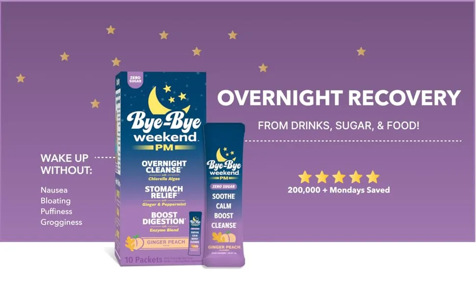 Bye-Bye Weekend PM - Overnight Recovery Drink Stomach Relief Digestion Boost Full-Body Cleanse - with Ginger Peppermint Enzymes & Chlorella - Ginger Peach Drink Packets - overnight recovery