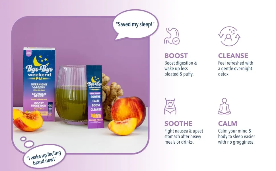 Bye-Bye Weekend PM - Overnight Recovery Drink Stomach Relief Digestion Boost Full-Body Cleanse - with Ginger Peppermint Enzymes & Chlorella - Ginger Peach Drink Packets - saved my sleep