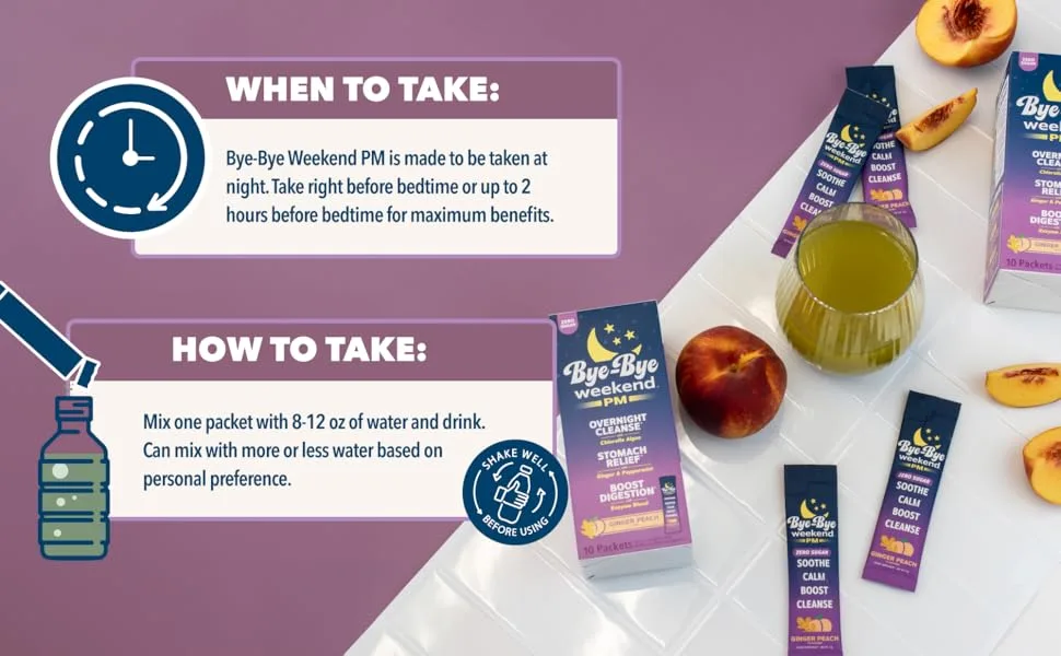 Bye-Bye Weekend PM - Overnight Recovery Drink Stomach Relief Digestion Boost Full-Body Cleanse - with Ginger Peppermint Enzymes & Chlorella - Ginger Peach Drink Packets - when to take how to take