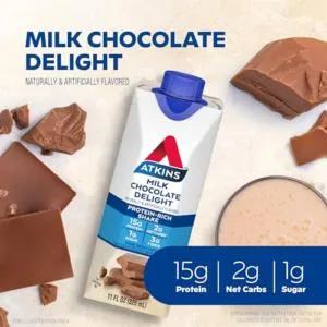 Atkins Milk Chocolate Delight Protein Shake & Iced Coffee Vanilla Latte Protein Shake 15g Protein Low Glycemic 4g Net Carb 1g Sugar Keto Friendly 3 PACK - product information 1