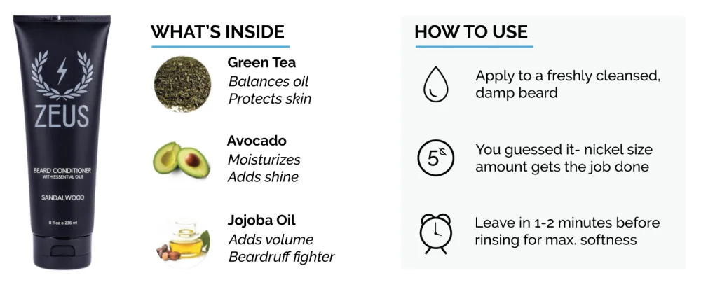 ZEUS Beard Wash & Beard Conditioner Set with Green Tea for Men  Soften  Hydrates & Moisturizes - MADE IN USA (Sandalwood) - Zeus beard conditioner is formulated with green tea, avocado, and jojoba oil