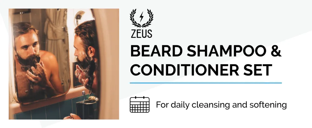 ZEUS Beard Wash & Beard Conditioner Set with Green Tea for Men  Soften  Hydrates & Moisturizes - MADE IN USA (Sandalwood) - Zeus Beard Shampoo + Conditioner set for daily beard cleansing and softening
