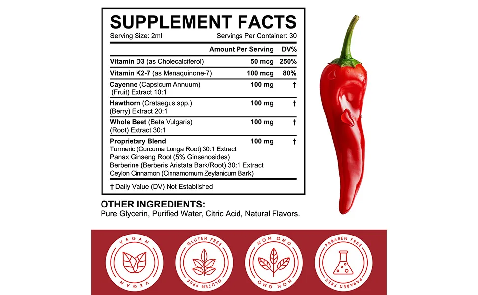 SDJUFEI Cayenne Pepper Drops 2 Fl Oz Liquid Pepper Organic Vitamin K2 & D3 Health Supplements Vegan-Friendly Gentle Formula Health Supplements - Cayenne Pepper Drops