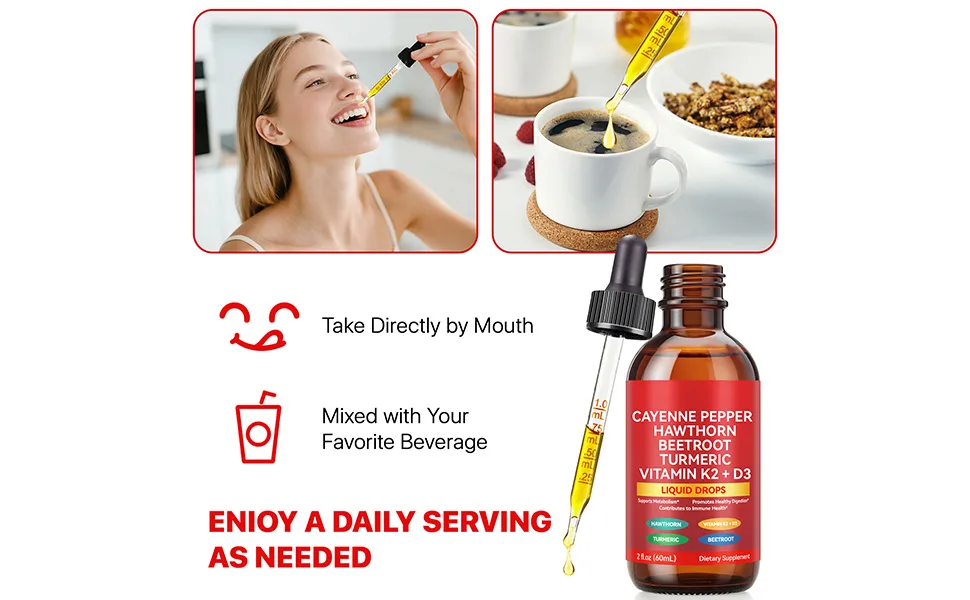 SDJUFEI Cayenne Pepper Drops 2 Fl Oz Liquid Pepper Organic Vitamin K2 & D3 Health Supplements Vegan-Friendly Gentle Formula Health Supplements - Cayenne Pepper Drops Supplement Liquid