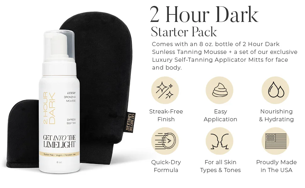 2 Hour Dark Starter Pack: 2 Hour Dark Sunless Tanning Mousse + Applicator Mitts - sunless tanning mousse dark summer tan rich brown tint professional formula face body vegan kit
