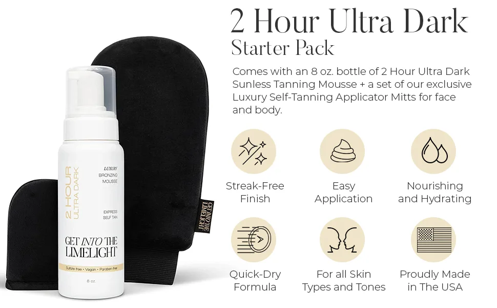 Get Into The Limelight 2 Hour Ultra Dark Starter Pack: 2 Hour Ultra Dark Sunless Tanning Mousse + Applicator Mitts - sunless tanning mousse ultra dark summer tan rich brown tint professional formula face body vegan
