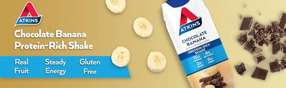 Atkins Chocolate Banana Protein Shake 15g Protein & Strawberry Protein Shake 15g Protein Low Glycemic 2g Net Carb 1g Sugar Keto Friendly 12 Count - product information 1