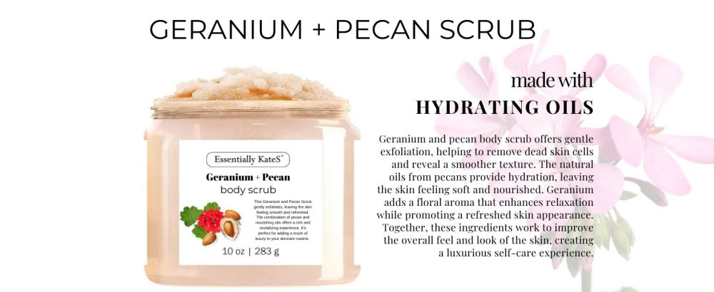 Geranium + Pecan Body & Foot Scrub 10 oz - a refreshing exfoliating experience leaving your skin feeling smooth soft and revitalized - The best stocking stuffer. - smooth and refreshed
