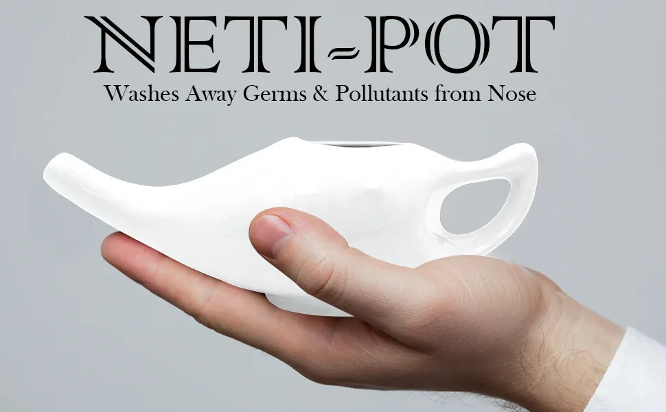 HEALTHANDWEALTH Durable Ceramic Neti Pot - Non-Metallic - Comfortable Grip - Microwave and Dishwasher Friendly + 10 Sachet Neti Salt 225 Ml. (7.6 FL Oz) Capacity (White) - SPN-WT380C